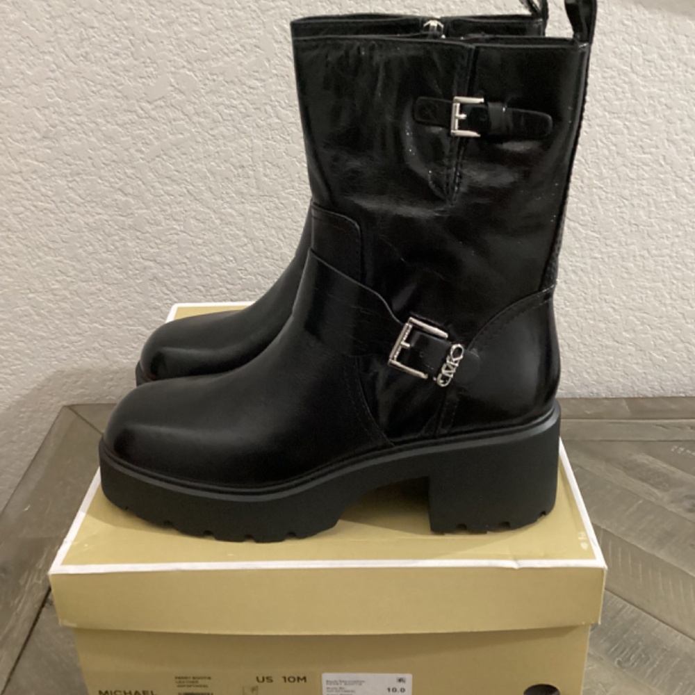 MICHAEL MICHAEL KORS Women's Perry Leather Side-Zip Buckled Platform Moto, 10